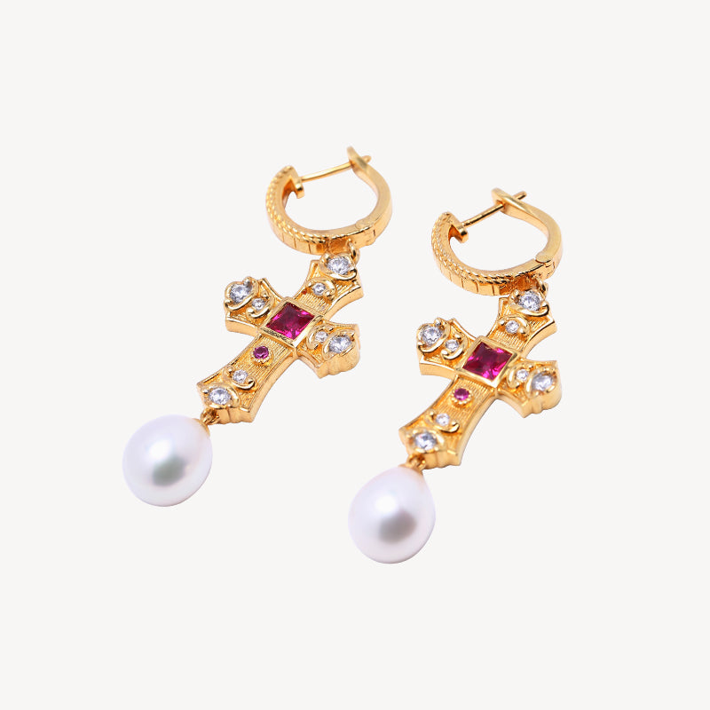 Baroque Pearl 14K Gold Ruby Cross