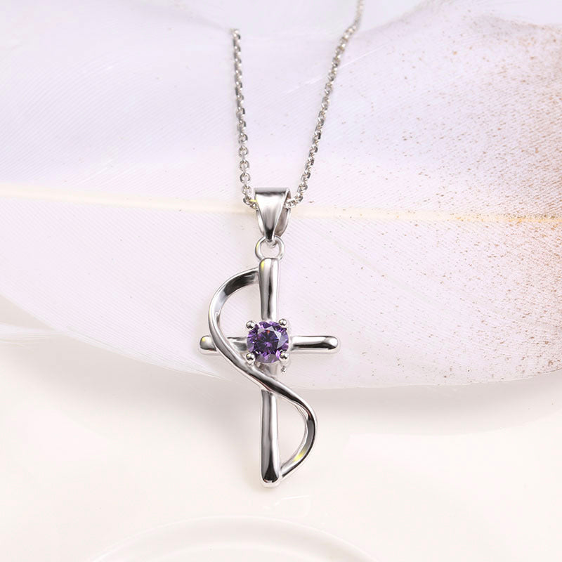 925 Silver Cross Pendant with Amethyst / Moissanite