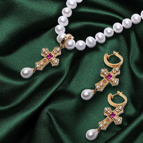 Baroque Pearl 14K Gold Ruby Cross