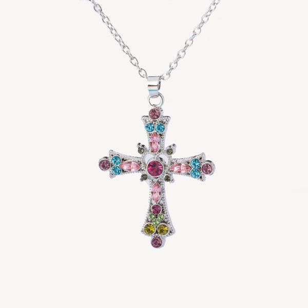 Multi-Gemstone Cross Pendant Necklace from India, 'Dazzle with Faith'