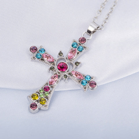 Multi-Gemstone Cross Pendant Necklace from India, 'Dazzle with Faith'