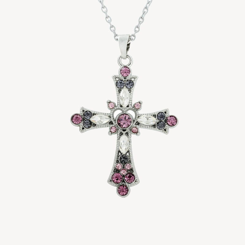 Multi-Gemstone Cross Pendant Necklace from India, 'Dazzle with Faith'