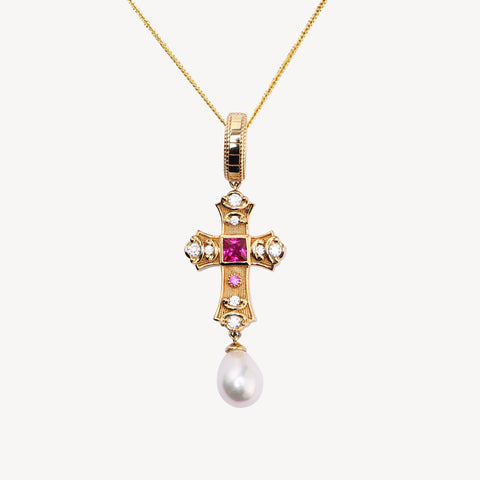 Baroque Pearl 14K Gold Ruby Cross