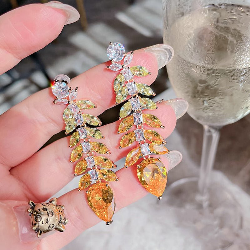 Orange Sapphire Leaf Drop Earrings