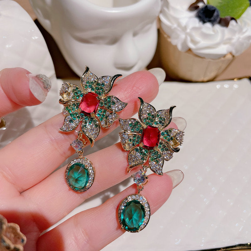 Oil Painting Green-Blue Floral Earrings