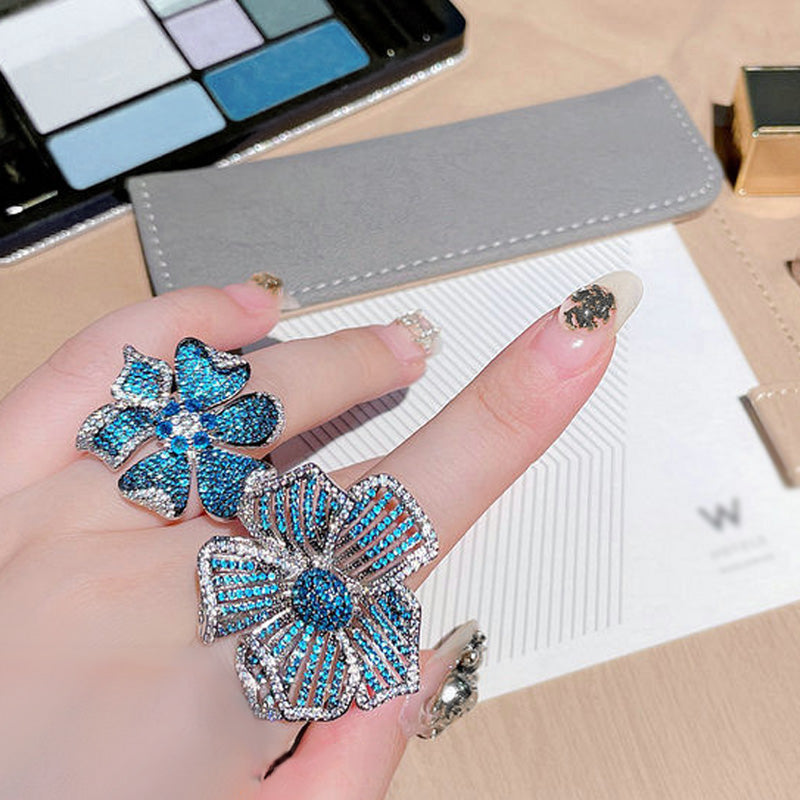 Pave Blue Flower Open Ring