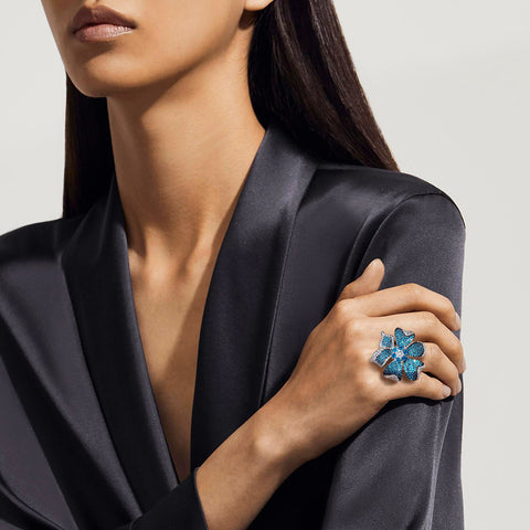 Pave Blue Flower Open Ring