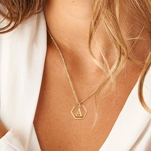 14K Initial Hexagon Necklace