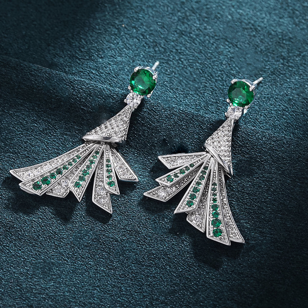 Emerald Peacock Tail Dangle Earrings