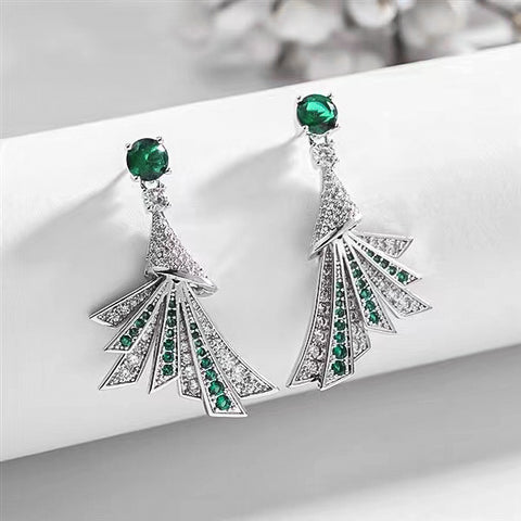 Emerald Peacock Tail Dangle Earrings