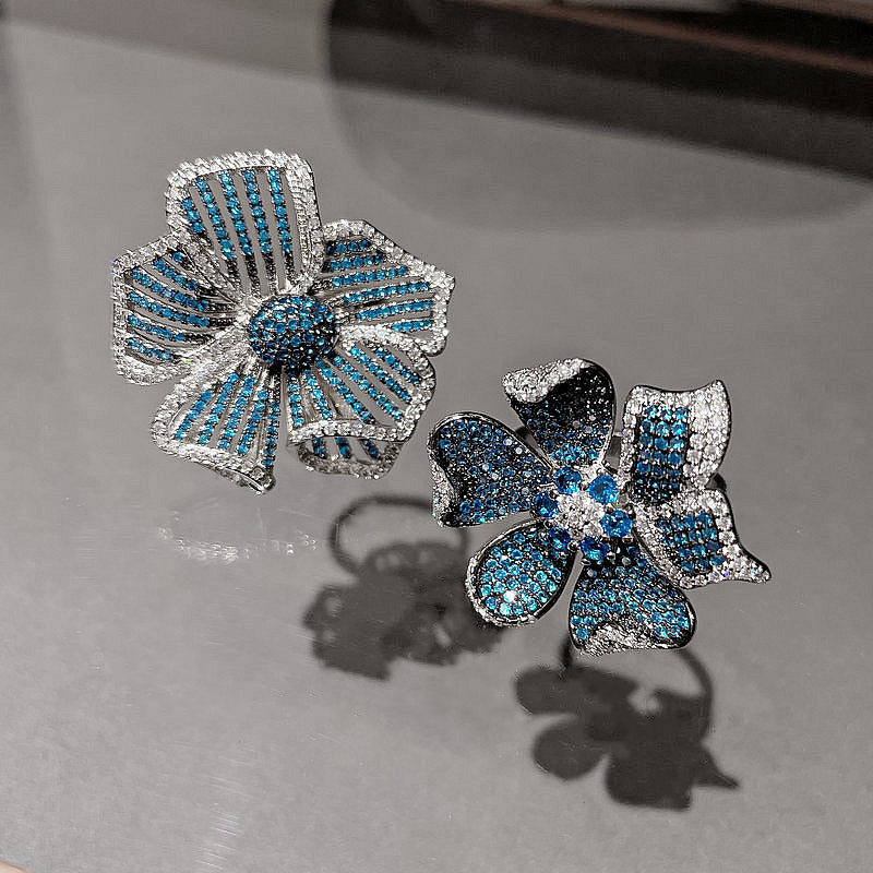 Pave Blue Flower Open Ring