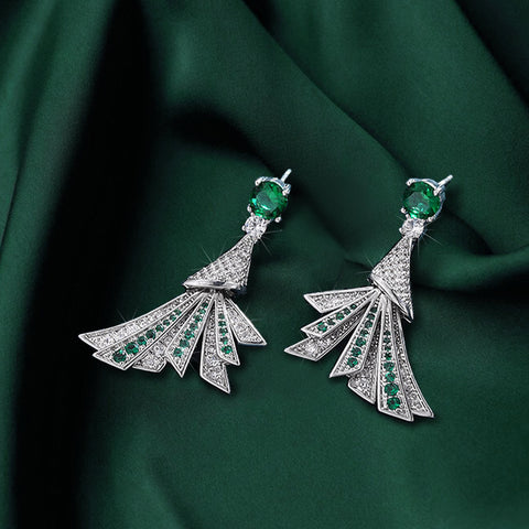 Emerald Peacock Tail Dangle Earrings